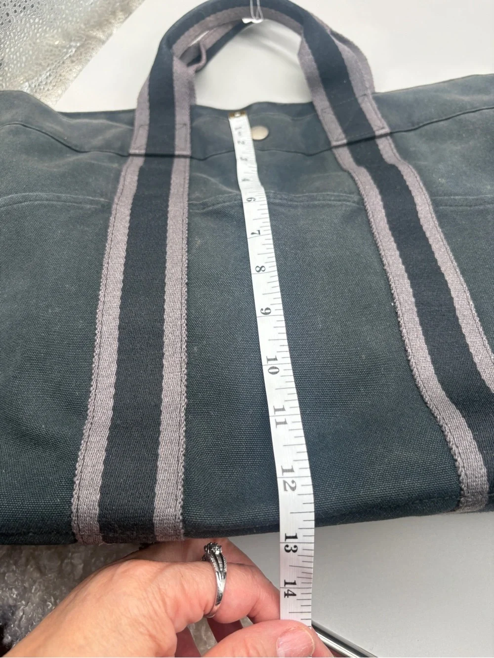 Hermès Herline MM Canvas Tote Black Gray Large Zip Top France with COA